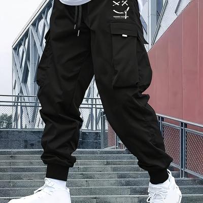 TEMU Men's Sleek Black Cargo Pants With - Polyester, Multi-pocket Utility Style, Machine Washable & Dry , Ideal For All