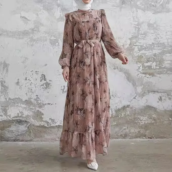 Chiffon gepresste Blumen Abayas für Frauen Mode Schnür Kaftan muslimischen Kleid Frauen Abaya Dubai Eleganz Islam Kleid für Frauen Image