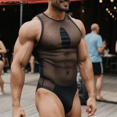 INCERUN Mesh-Spleiß-Bodys für Herren, gut sitzend, ausgehöhltes Design, Onesies 2024, lässig, solide, ärmellos, bequem, Homewear Image