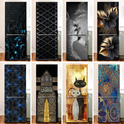 Schwarze Technologie Kühlschrank Wraps Vinyl Blume Katze Kühlschrank Aufkleber Volle Tür Abdeckung Image