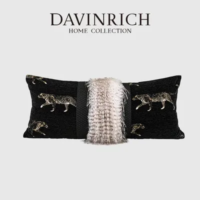 DAVINRICH Gold Metallic Leopard Panthera Jacquard Lendenkissenbezug Chenille Länglicher atemberaubender Kissenbezug mit Kunstfell-Dekor Image