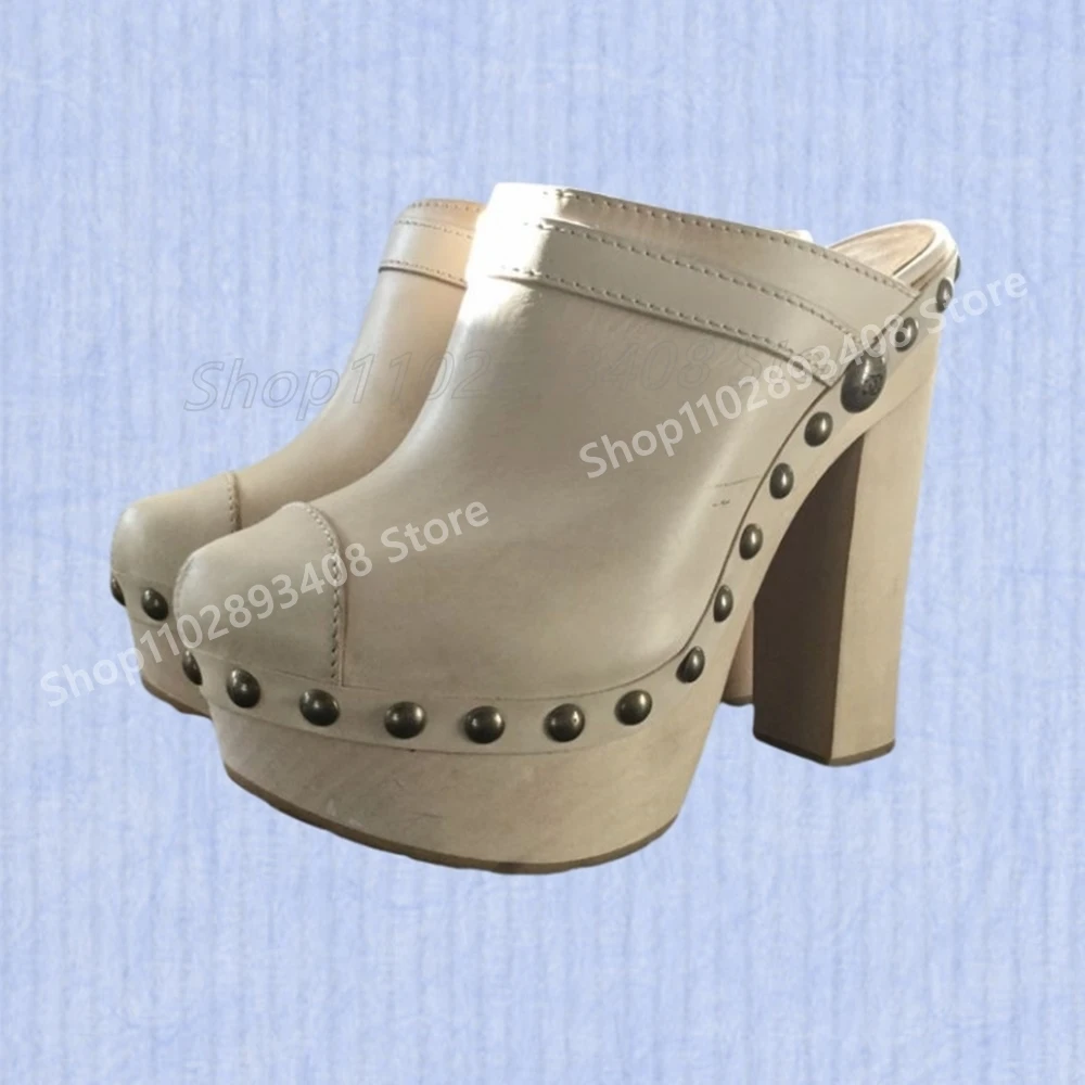Beige Metallnieten Design Hausschuhe Runde Kappe Chunky High Heel Retro Stil Sexy Frauen Schuhe 2025, Neue Sommer Zapatos Para Mujere