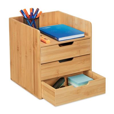 Schreibtisch Organizer, 3 Schubladen, Ablage Büroutensilien, hbt: 33 x 30 x 31 cm, Bambus Image