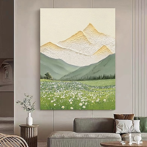 handgemaltes Ölgemälde auf Leinwand, Berglandschaft, handgefertigt, strukturiert, goldfarbene Bergbäume im Herbst, gelbes Grasland, Acrylgemälde, Flusslandschaft, Gemälde, Wandkunst, Ölgemälde Image