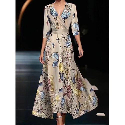 Damen Maxi Kleid Korsett Kleid A-Linien Kleid Sommer Kleid Party Geburtstag Urlaub Täglicher Regular Fit Grafik Langarm V-Ausschnitt Champagner Rot Blau Regenbogen Sommer Image