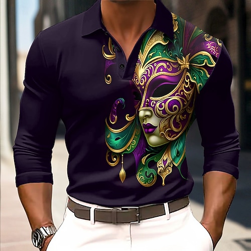 Karnival Herren Maske Polo Langarm Polo-Shirts Hemden mit Kragen Vintage Festival-Outfit 3D-Druck Frühling Herbst Winter Schwarz Image