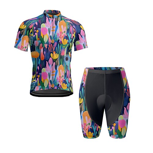 Herren Radtrikot mit Shorts Kurzarm Mountainbike MTB Straßenradsport Sommer Frühling Herbst Schwarz Gelb Rosa Blumenmuster Fahhrad Frontreißverschluss Schweißableitend Bequem Atmungsaktiv Spandex Image