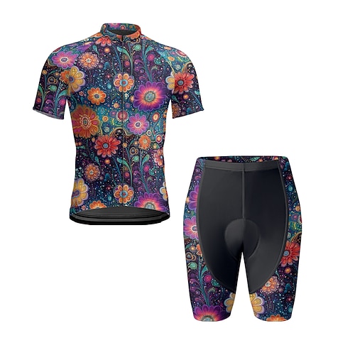 Herren Radtrikot mit Shorts Kurzarm Mountainbike MTB Straßenradsport Sommer Frühling Herbst Schwarz Gelb Rosa Blumenmuster Fahhrad Frontreißverschluss Schweißableitend Bequem Atmungsaktiv Spandex Image