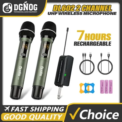 Rechargeable Battery Microphone 2 Channel UHF Wireless Microphone Dual Handheld Dynamic Adjust