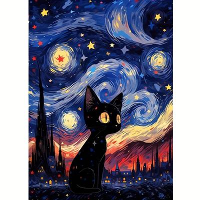 TEMU 1pc Starry Night Black Cat Kit, Diy , Embellished With 30% More Diamonds, Includes Tools And Mortar