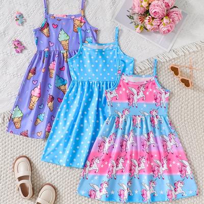 TEMU 3pcs Unicorn & Ice Cream Print Dresses For Girls - Comfy Spaghetti Strap, Lightweight Polyester - Ideal For Summer Parties & Holiday Outfits, Princess Dresses For Girls