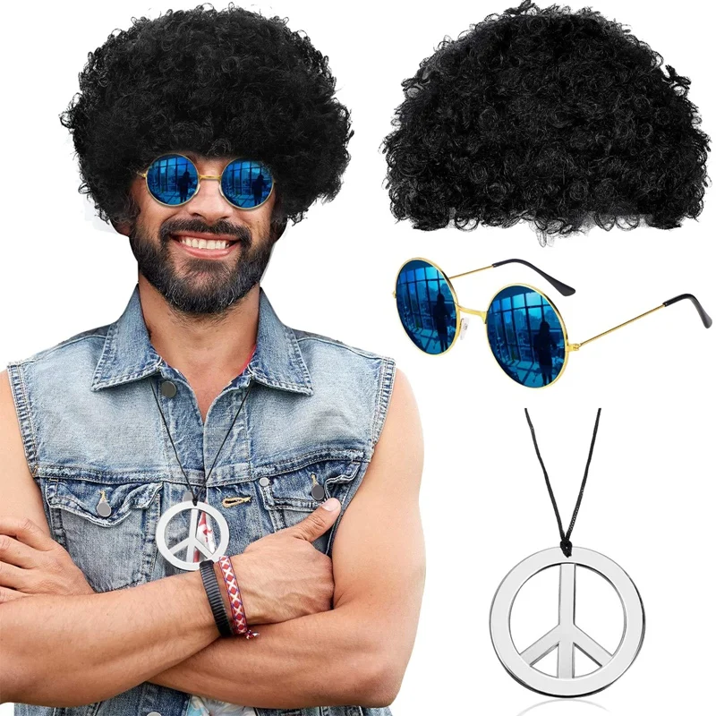 Erwachsene synthetische Perücke Hut Set Herren lockiges Haar Kappe Sonnenbrille Halskette lustige Disco Hippie Haar Requisiten Party Hip Hop Tanz Kostüm