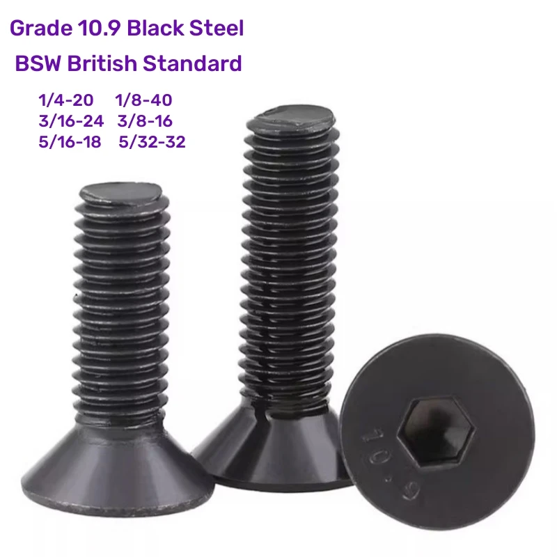 BSW 1/4 1/8 3/16 5/32 5/16 3/8 Güteklasse 10,9, schwarzer Stahl, britischer Standard, Innensechskant, Senkkopf, Flachkopfschraube Image