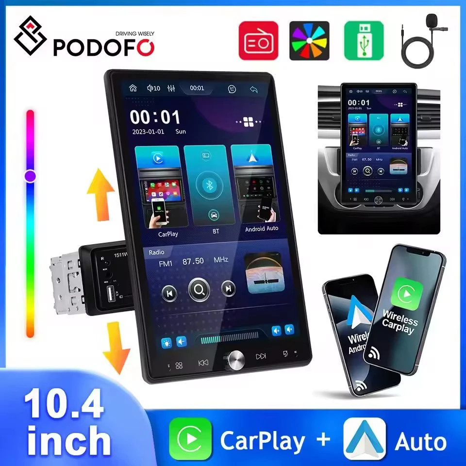 Podofo 10,4'' Auto MP5 Player Vertikale Bildschirm Multimedia Player Drahtlose Carplay Android Auto FM/RDS BT Spiegel Link auto Stereo Image