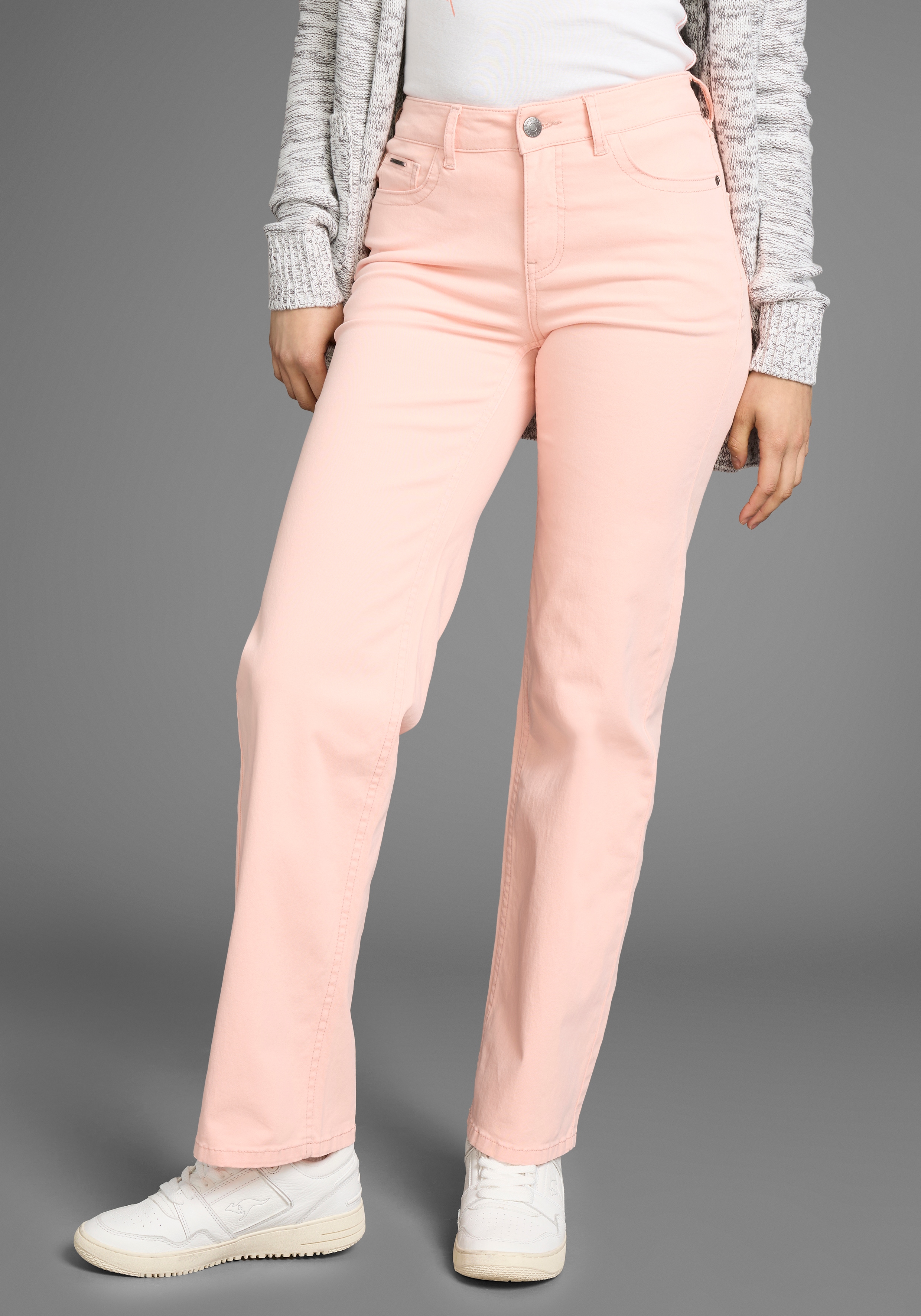 5-Pocket-Hose KANGAROOS, Damen, Gr. 42, N-Gr, braun (camel), Web, Obermaterial: 98% Baumwolle, 2% Elasthan, unifarben, washed, Casual, lässig geschnitten lang, Hosen, im Straight-Leg