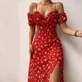 Robe mi-longue élégante et décontractée, imprimé Floral, épaules dénudées, fendue, manches courtes, Slim, pour soirée en Club, vacances, nouvelle collection été