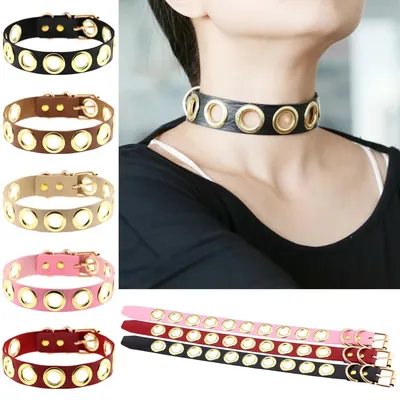 Simple Individuality Punk Gothic Sex appeal Easy Fashion Originality PU leather Choker Golden circle