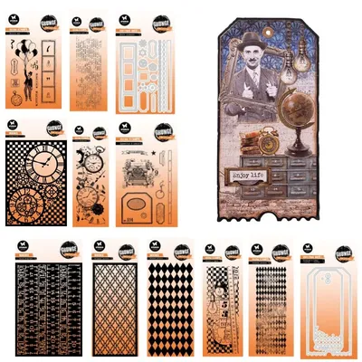 Ballon man Typewriter Grunge Collection labels Clock Metal Cutting Dies Silicone Stamp Scrapbooking