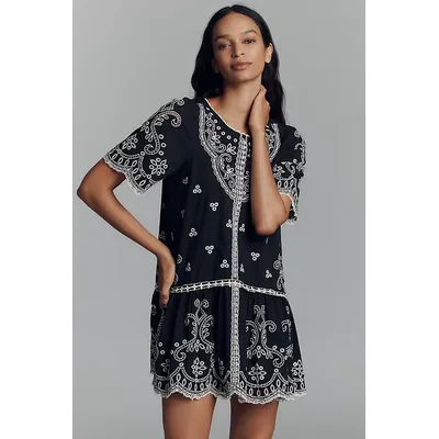 Maeve Short-Sleeve Embellished Cotton Lace Mini Dress