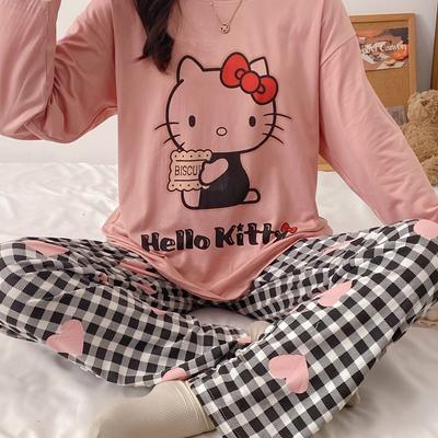 TEMU Spring And Autumn Casual And Comfortable Pajama Set, Cute Hello Kitty Pattern Pajamas, Girl Style Set -