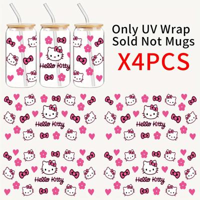 TEMU 4pcs/set Hello Kitty Transfer Stickers, Uv Dtf Transfer Stickers For 16oz Glasses, Water Cups, Mugs, Waterproof And -resistant Stickers, Diy Self-adhesive Beverage Stickers - High Quality