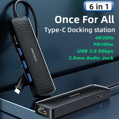 RSHTECH USB C Hub HDTV 4K@30Hz 6-in-1 Multifunktionale Dockingstation PD 100W 3,5mm Audio Jack 5Gbps Image