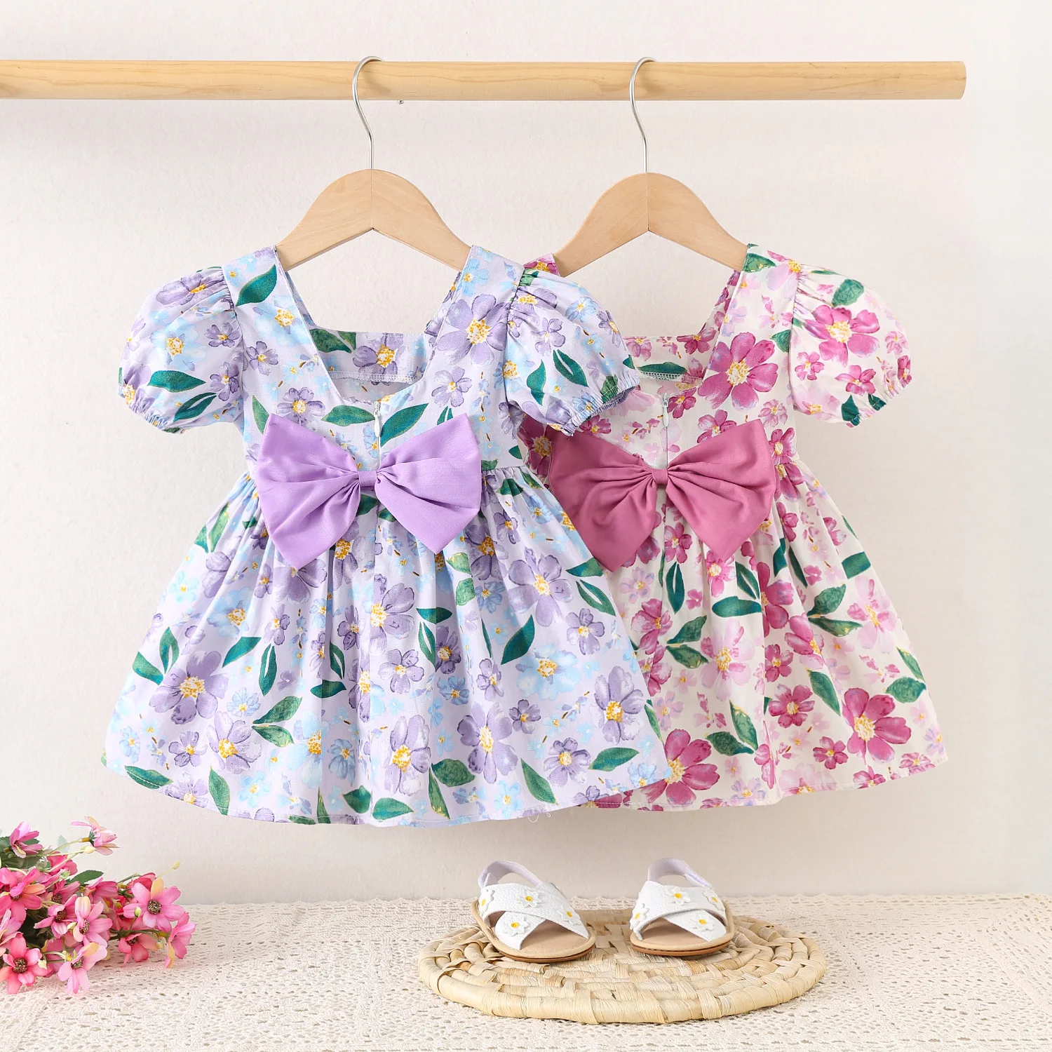 Baby Mädchen Kleid Sommer Schleife und All Over Gedruckt Blumenmuster Baby Kleider Niedlich Lässig Strand Mädchen Kinder Kleid Image