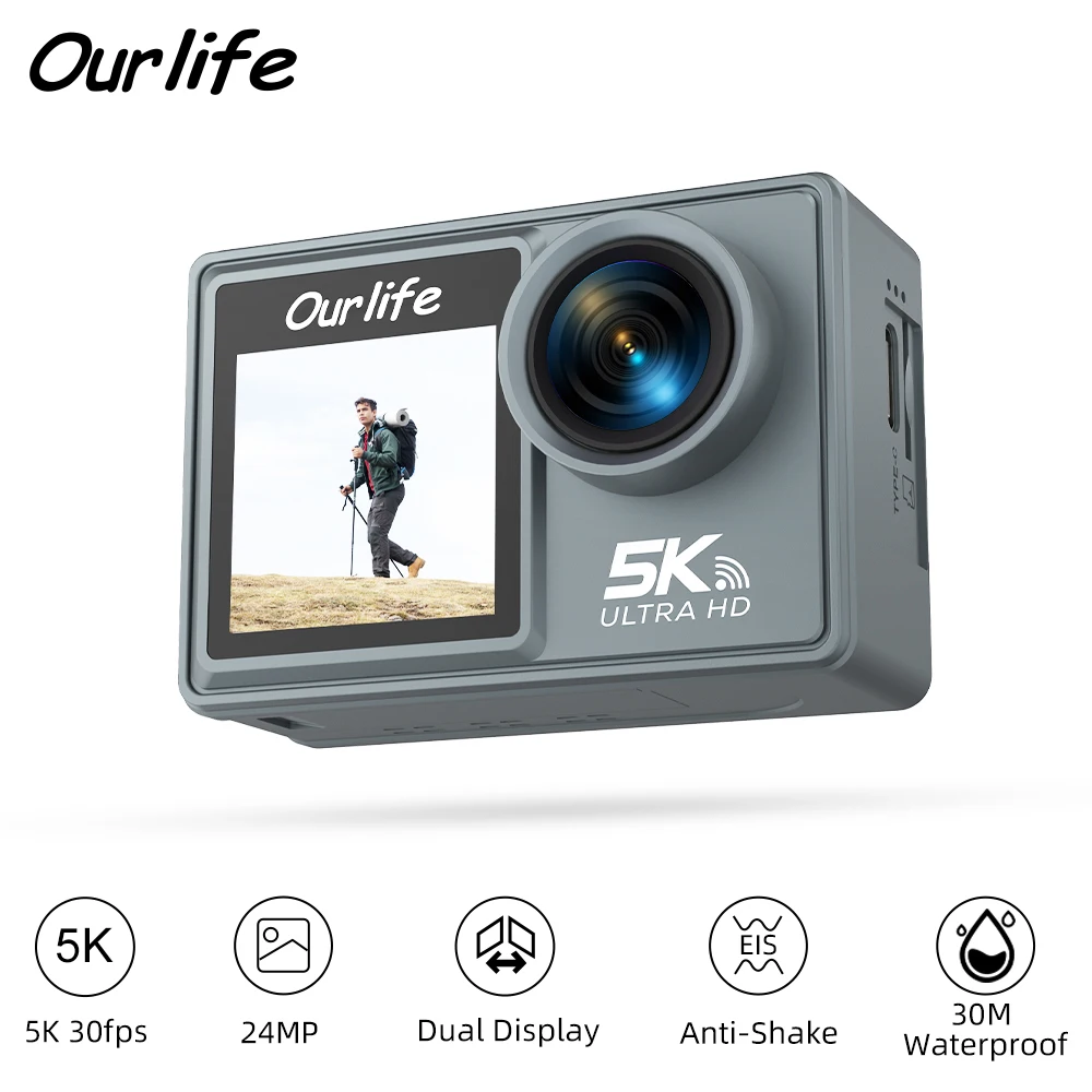 Ourlife MTR40 5K Actionkamera 2,0" IPS Touchscreen 5X Zoom Action Cam WiFi EIS 170 ° 30 m wasserdichte professionelle Sportkamera Image