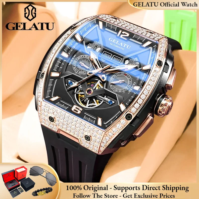 GELATU 6016 Skeleton Schwungrad Automatische Männer Uhr Original Wasserdichte Silikon Armband Luxus Marke Diamant Männer Mechanische Uhr Image