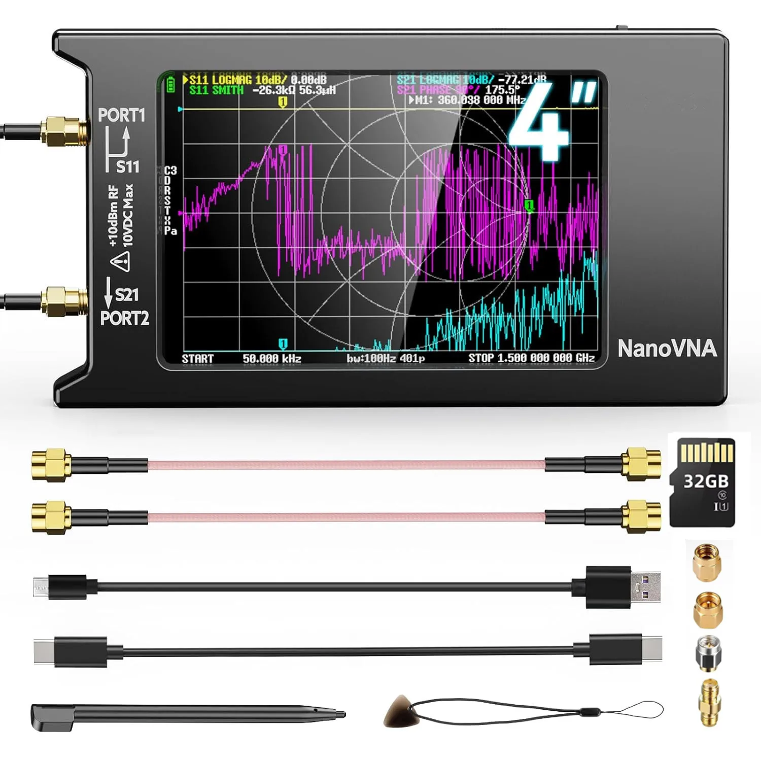 Spektrumanalysator 4" NanoVNA-H4 Vektornetzwerk-Antennenanalysator 10KHz-1,5GHz MF HF VHF UHF Antennentuner 32GB nano vna NanoVNA-H Image