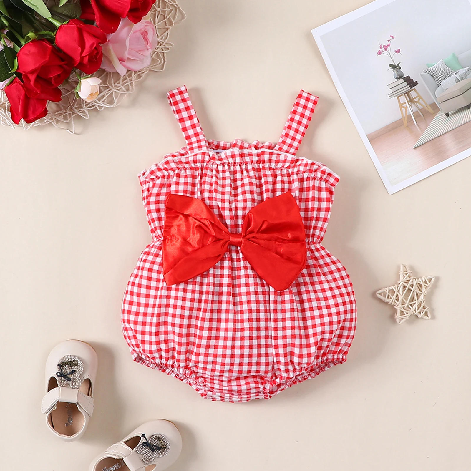 Baby Mädchen Baby Mode niedlich große Schleife Dekoration kariert Hosenträger Dreieck Overall Sommer Image