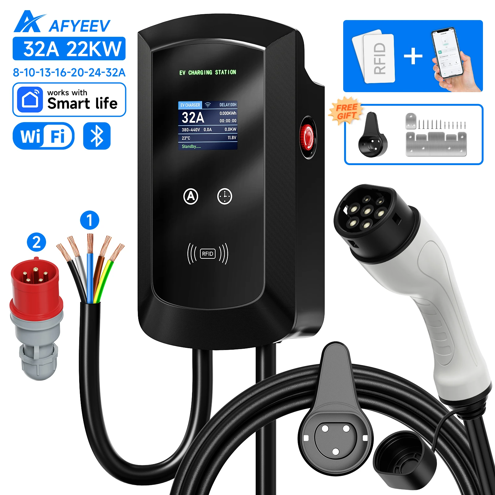AFYEEV 32A EV-Ladestation 22 kW 3-Phasen-Auto-Ladegerät für Elektrofahrzeuge 11 kW Typ2 IEC62196-2 EVSE Wallbox APP-Steuerung 5 m Kabel Image