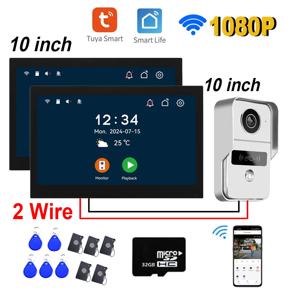 Neue 2 Draht Digitale Video Intercom System 2 stücke 10 Zoll WIFI Monitor 1080P Türsprechanlage Kamera Video Türklingel karte Tuya App Entsperren Image