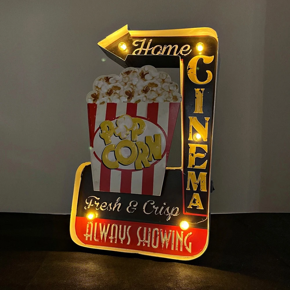 Panneaux en métal rétro vintage Popcorn, panneau lumineux en métal fait main, panneau LED Popcorn, pour la décoration murale du home cinéma, du salon ou du pub