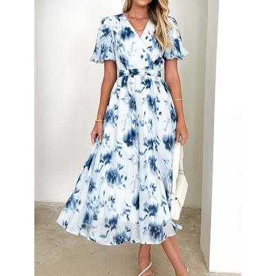 Retro Vintage 1950s Midi Dress Wrap Dress Flare Dress Puff Sleeve Floral A-Line V Neck Fancy Dress Women's Masquerade Wedding Vacation Tea Party Adults' Dress