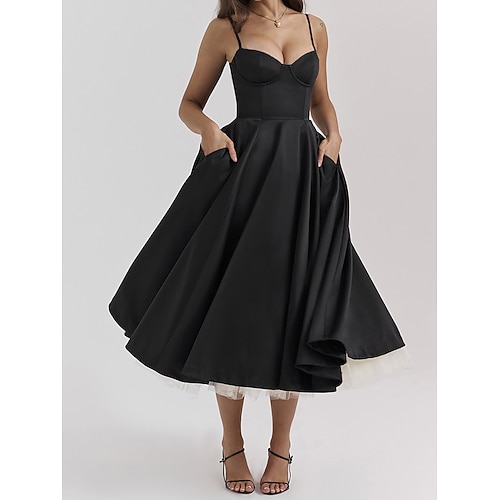 Retro Vintage 1950er Midlänge Kleid Ausgestelltes Kleid Spaghetti-Träger Korsett Einfarbig A-Linie Kostüm Damen Maskerade Hochzeit Urlaub Teegesellschaft Erwachsene Kleid Image