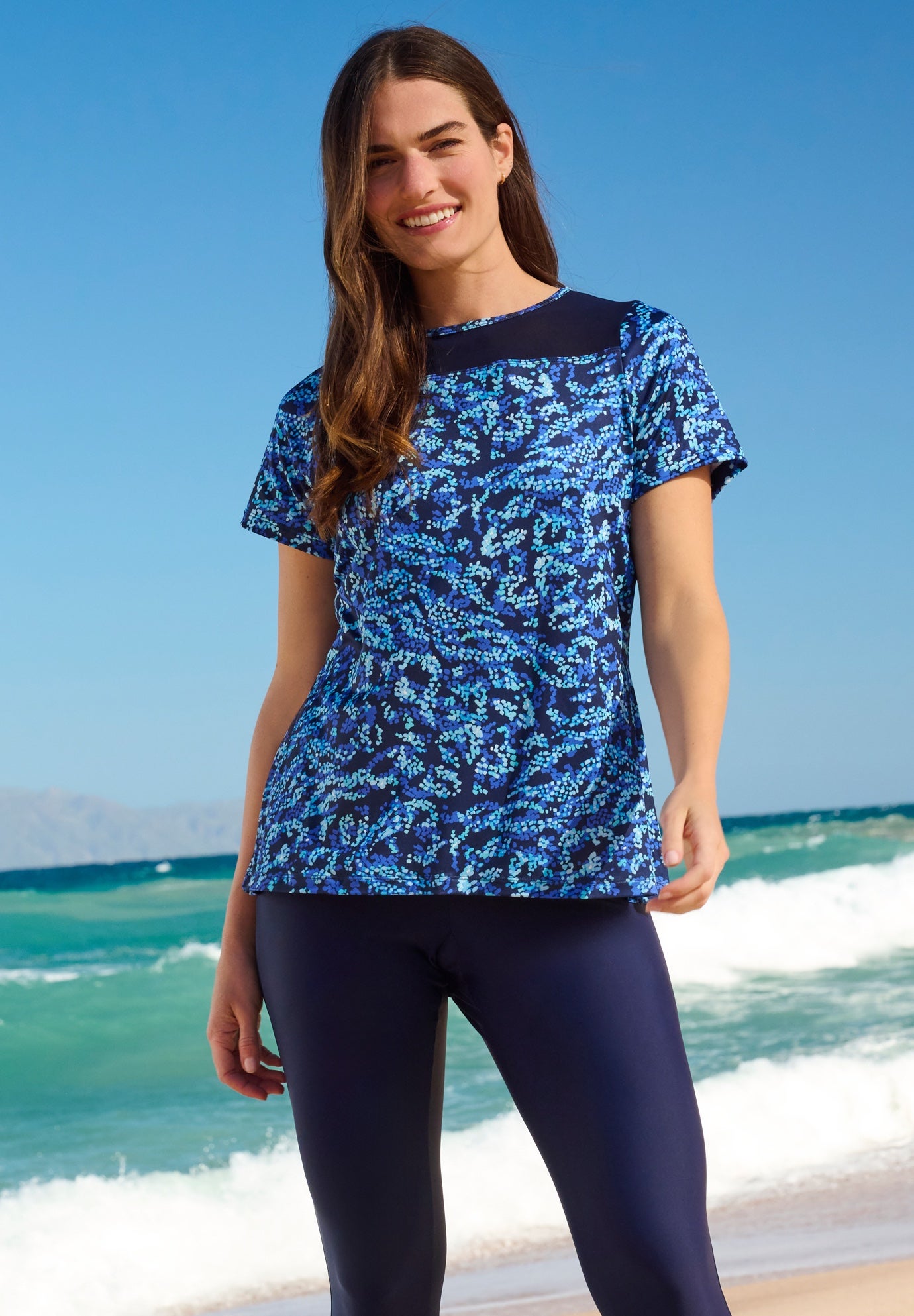 Plus Size Women's Mesh Yoke Swim Tee by Swim 365 in Royal Oasis Animal (Size 16)