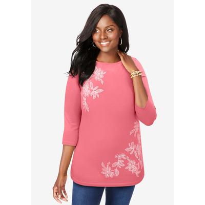 Plus Size Women's Stretch Cotton Boatneck Tunic by Jessica London in Tea Rose Flower (Size 42/44) Long Knit 3/4 Sleeve Shirt