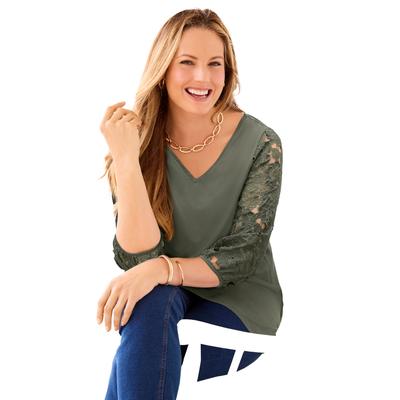 Plus Size Women's Eyelet Sleeve V-Neck Top by Catherines in Olive Green (Size 3X)