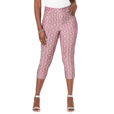 Plus Size Women's Comfort Waist Stretch Denim Capris by Jessica London in Raspberry Mosaic Flower (Size 22) Pull On Jeans Stretch Denim Jeggings