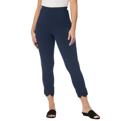Plus Size Women's Stretch Cotton Eyelet Capri Legging by Jessica London in Navy Floral Eyelet (Size L)