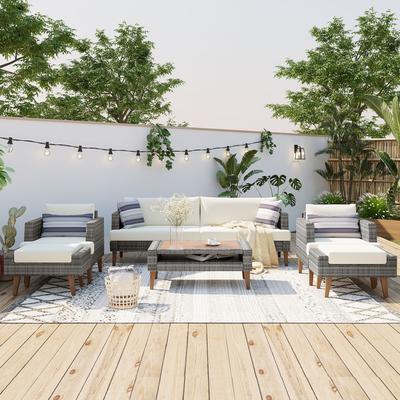 6-Piece Outdoor All-Weather PE Wicker Sofa Set with Wood Coffee table by Leisure Zone