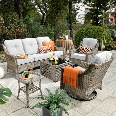 OVIOS 5 Pieces Outdoor Wicker Swivel Chair Set With Solar-Powered Table