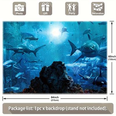 TEMU 1pc, Shark Under The Sea Polyester Photography Backdrop 7x5ft, Aquarium Background, Adults Birthday Party Decorations, Birthday Banner Supplies, Cake Table Photo Booths Tapestry