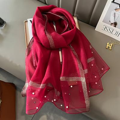 TEMU 1pc Elegant Red Scarf For Women, Breathable Polyester 100% Solid Color Shawl With Bead , Luxurious Artistic Fashion Accessory For , Non-stretch Woven Knitted Scarf, No Feathers