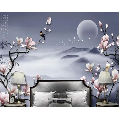 Custom wallpaper New Chinese hand-painted magnolia bird TV background bedroom living room mural