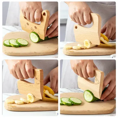 Wooden Kids Knife for Cooking Cute Fish Dinosaur Shape Kitchen Toy Vegetable Fruit Cutter Kitchen