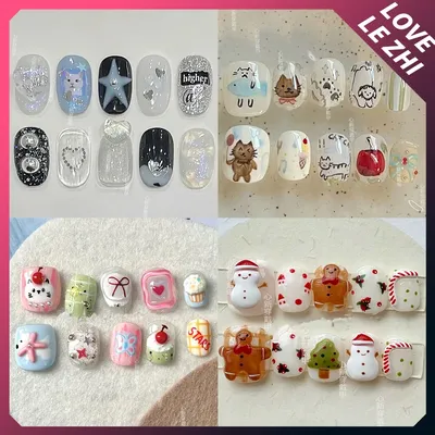 3D Cute Funny Short Round Detachable Reusable Full Cover Nails Hand Painted Cat Cartoon Decoration Artifical Press On Nails
