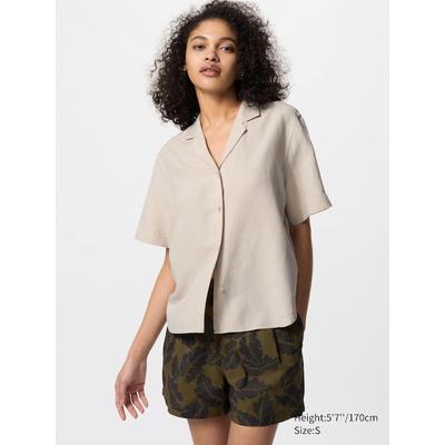 Uniqlo - Linen Blend Open Collar Shirt (short Sleeve) - Beige - XXS