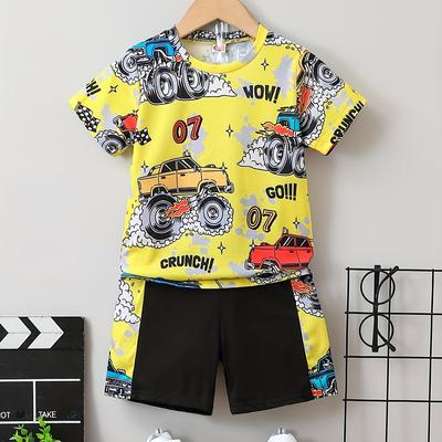 TEMU Boys' Summer Casual Outfit Set - Comfy Polyester & Spandex Blend, Geometric Pattern T-shirt And Shorts, Playtime, Outdoor Image